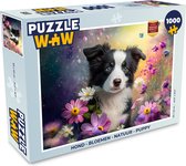 Puzzel Hond - Bloemen - Natuur - Puppy - Bordercollie - Legpuzzel - Puzzel 1000 stukjes volwassenen
