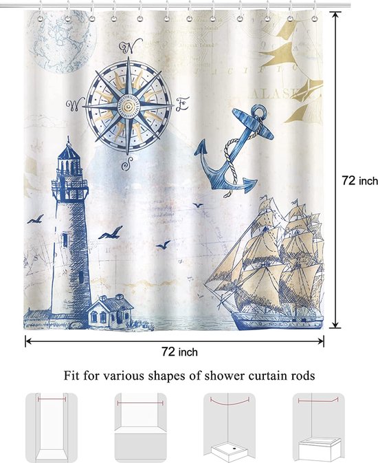 Douchegordijn, maritiem, nautisch anker, vuurtoren, zeilboot