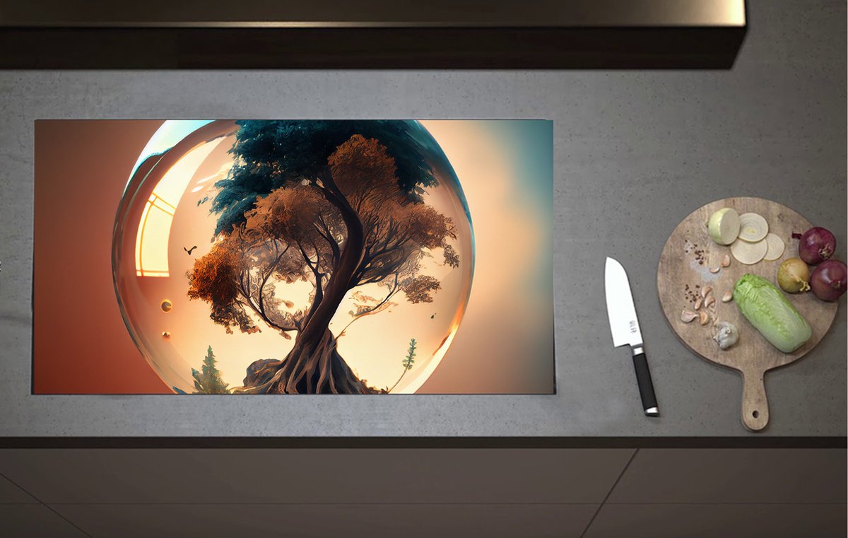 Inductieplaat Beschermer - Bruine en Blauwe Boom Groeiend in Glazen Bol - 90x52 cm - 2 mm Dik - Inductie Beschermer van Vinyl