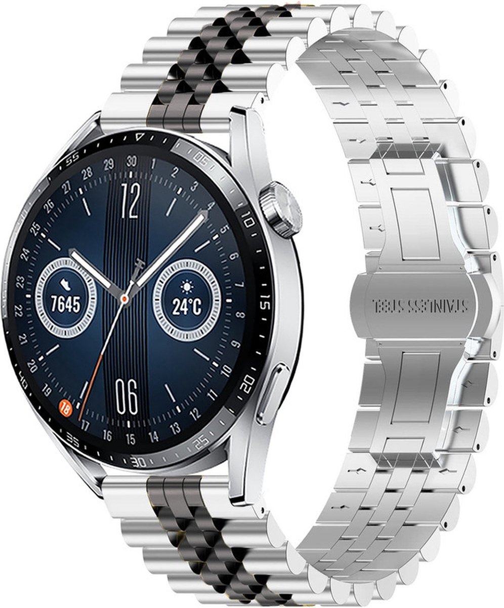 Stalen bandje - RVS - geschikt voor Samsung Galaxy Watch 3 45mm / Galaxy Watch 46mm / Gear S3 Classic & Frontier en Polar Vantage M / M2 / V3 / Grit X (Pro) - zilver-zwart