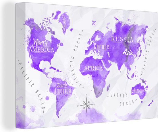 Peintures sur toile Wereldkaart - Peinture à l'huile - Violet - 150x100 cm - Décoration murale