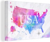 Canvas Wereldkaart - 180x120 - Wanddecoratie Wereldkaart - Waterverf - Verenigde Staten