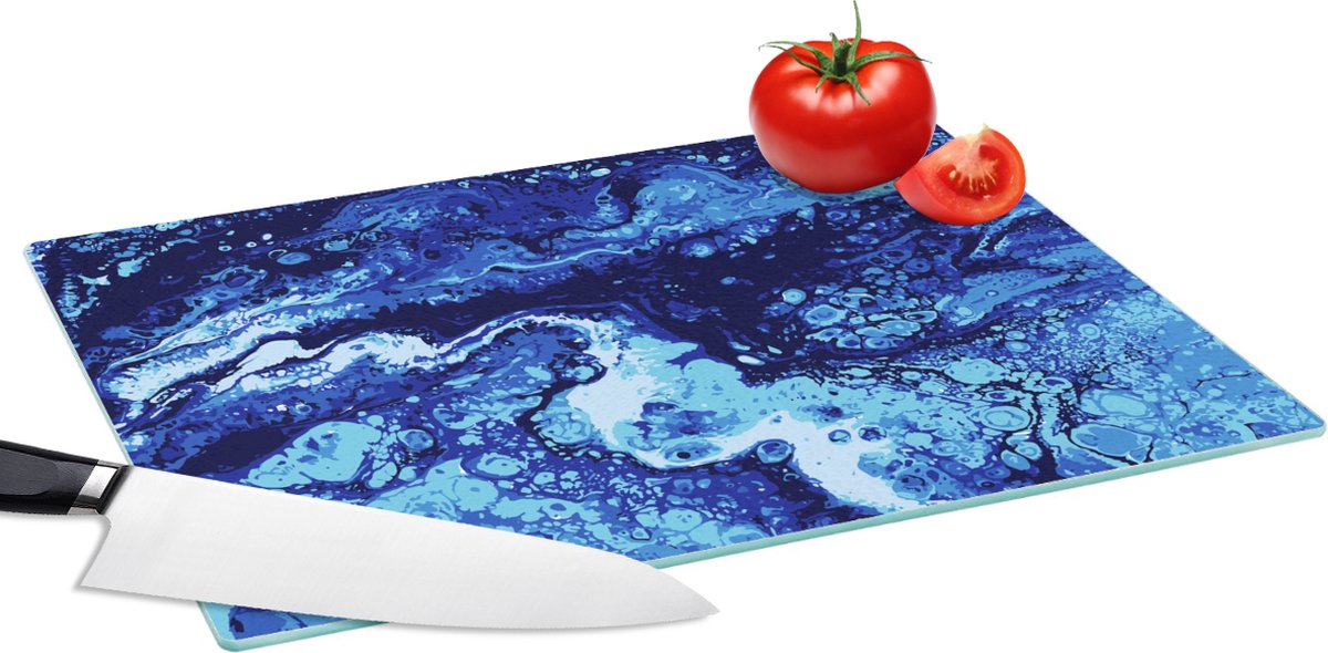 Glazen Snijplank - 39x28 - Marmer - Blauw - Waterverf - Snijplanken Glas