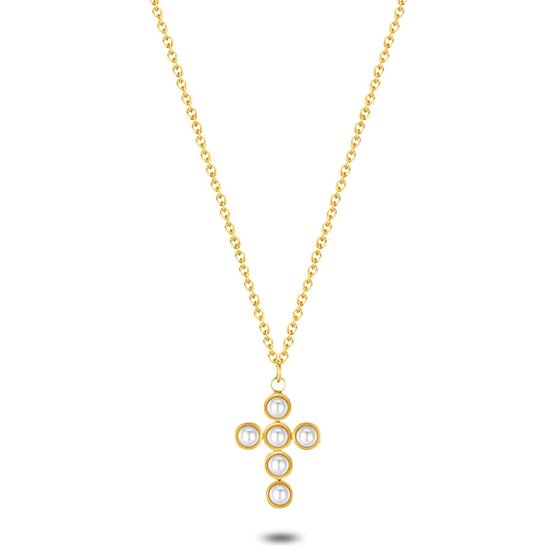Twice As Nice Halsketting in goudkleurig edelstaal, kruis met parels 40 cm+5 cm