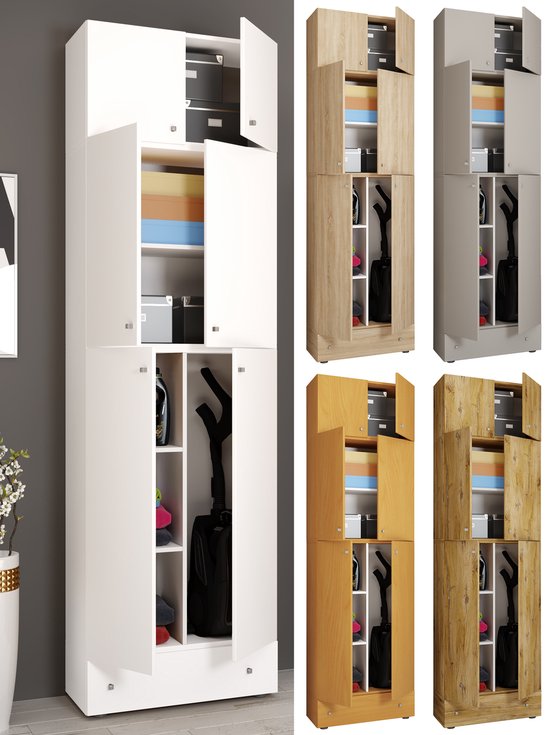 Collage van vier kasten in verschillende kleuren: wit, lichtgrijs, houtkleur en donker hout.