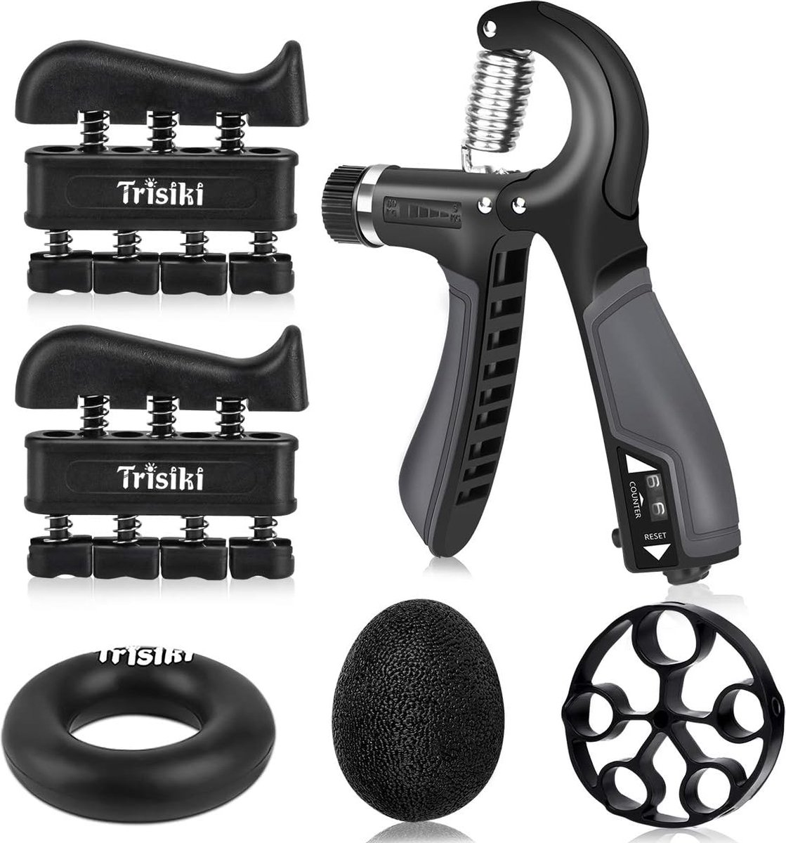 Handtrainer vingertrainer (set van 6) counting onderarmtrainer trainingsset, handgrijper met instelbare weerstand, 2-vinger-trainingssessie, vingerafstand, greepring