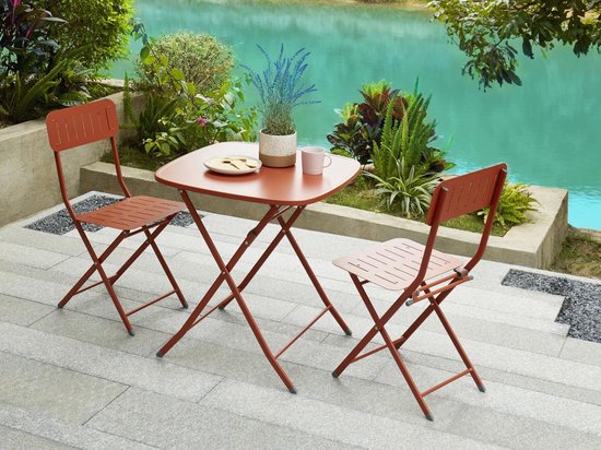 MYLIA Salon de jardin pliable en métal : 1 table carrée et 2 chaises -  Terracotta -... | bol
