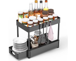2-laags plank onder de gootsteen, kastorganisator keuken, gootsteenorganizer, multifunctionele keukenplank, onderkastplank met schuiflade en haak, badkamerorganizer, kruidenrek, zwart