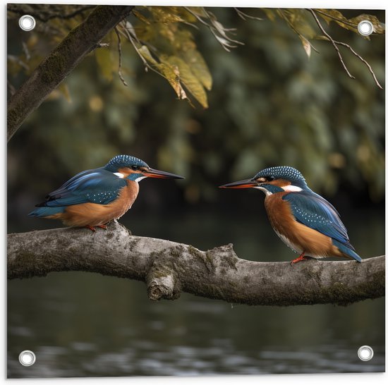 Tuinposter – Twee ijsvogels zitten op tak die boven het water hangt - 50x50 cm Foto op Tuinposter (wanddecoratie voor buiten en binnen)