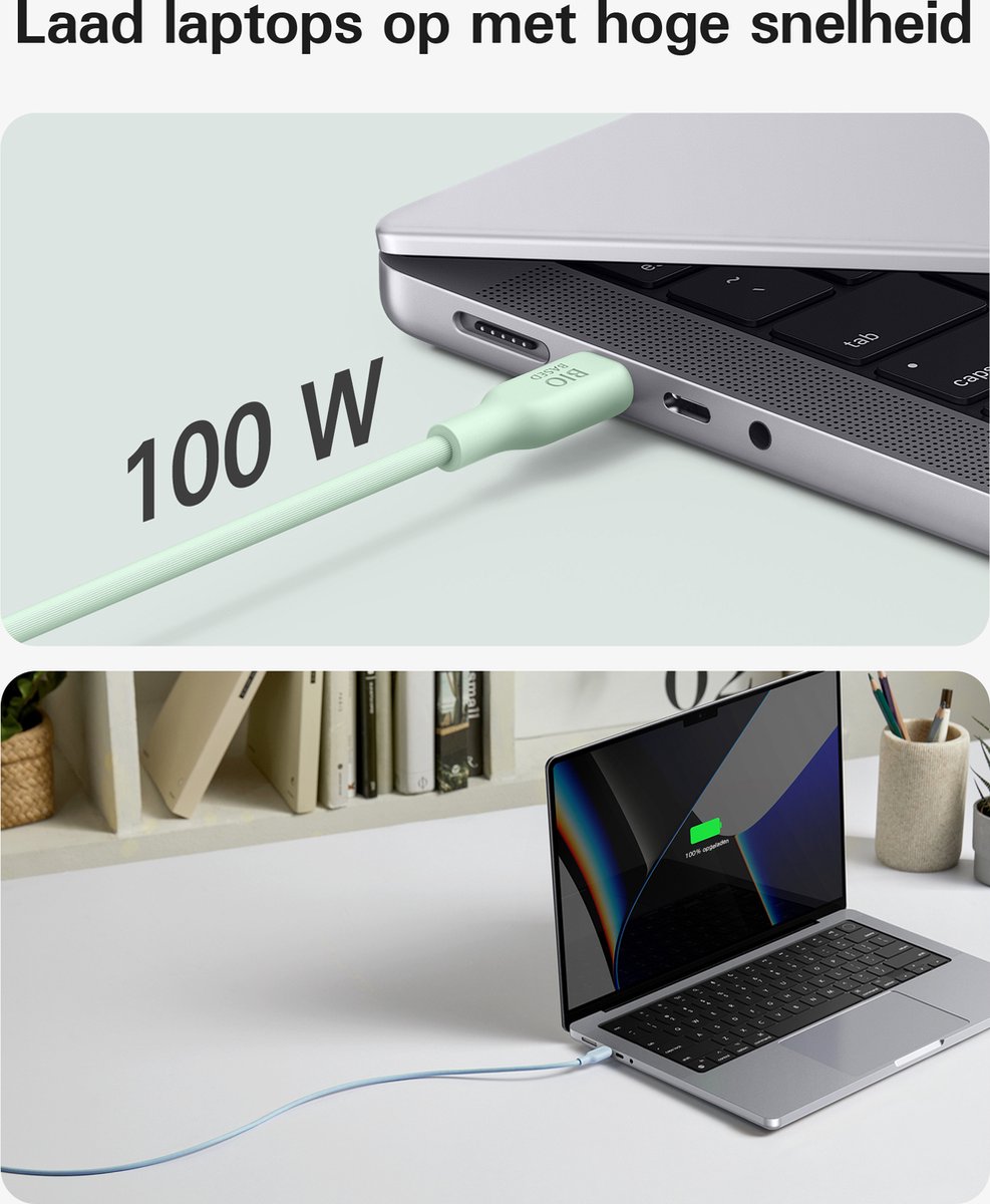 USB-C naar USB-C kabel 180 cm 100W snelladen biologisch duurzaam compatibel MacBook iPad Samsung - Afbeelding 4