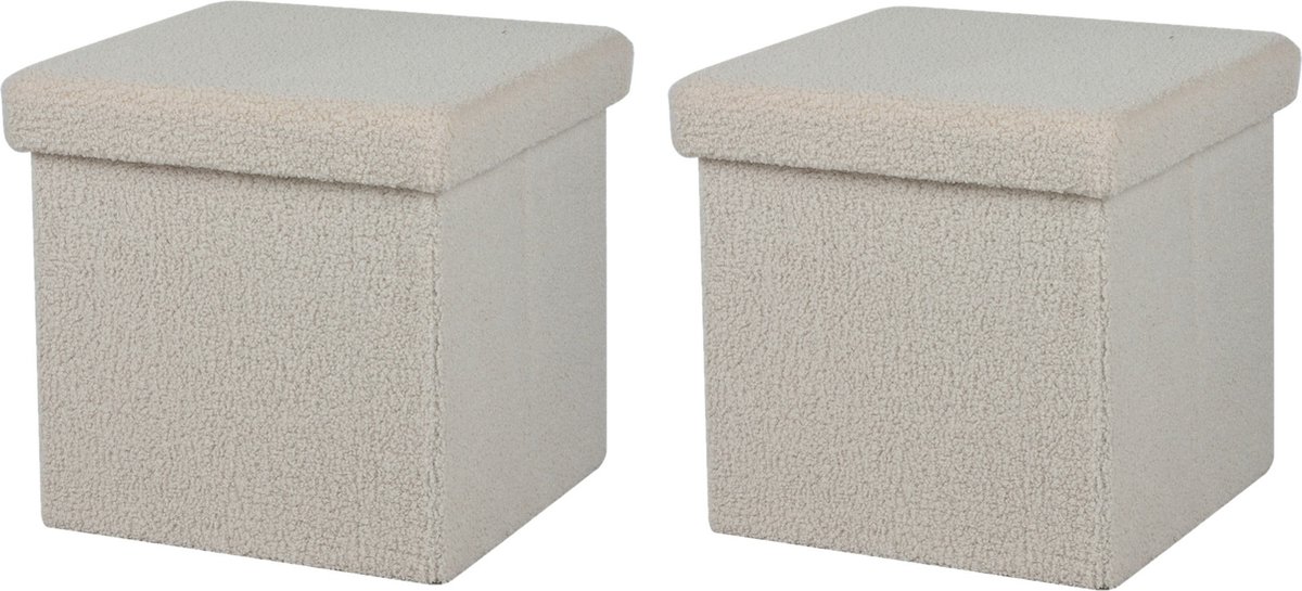 Urban Living Poef Teddy BOX - 2x - hocker - opbergbox - creme wit - polyester/mdf - 38 x 38 cm - opvouwbaar
