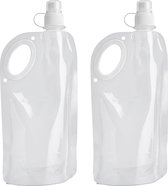Waterfles/drinkfles/sportbidon opvouwbaar - 2x - wit - kunststof - 770 ml - schroefdop - waterzak