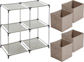 Urban Living Kastmandjes/opberg manden - beige - 4x stuks van 29L - Metalen rekje is 67 x 68 cm