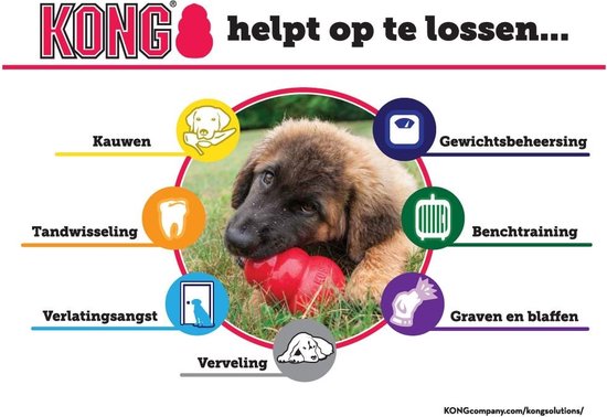 KONG helpt op te lossen: kauwen, tandwisseling, verlatingsangst, verveling, gewichtsbeheersing, benchtraining, graven en blaffen. Een rode KONG met een puppy.