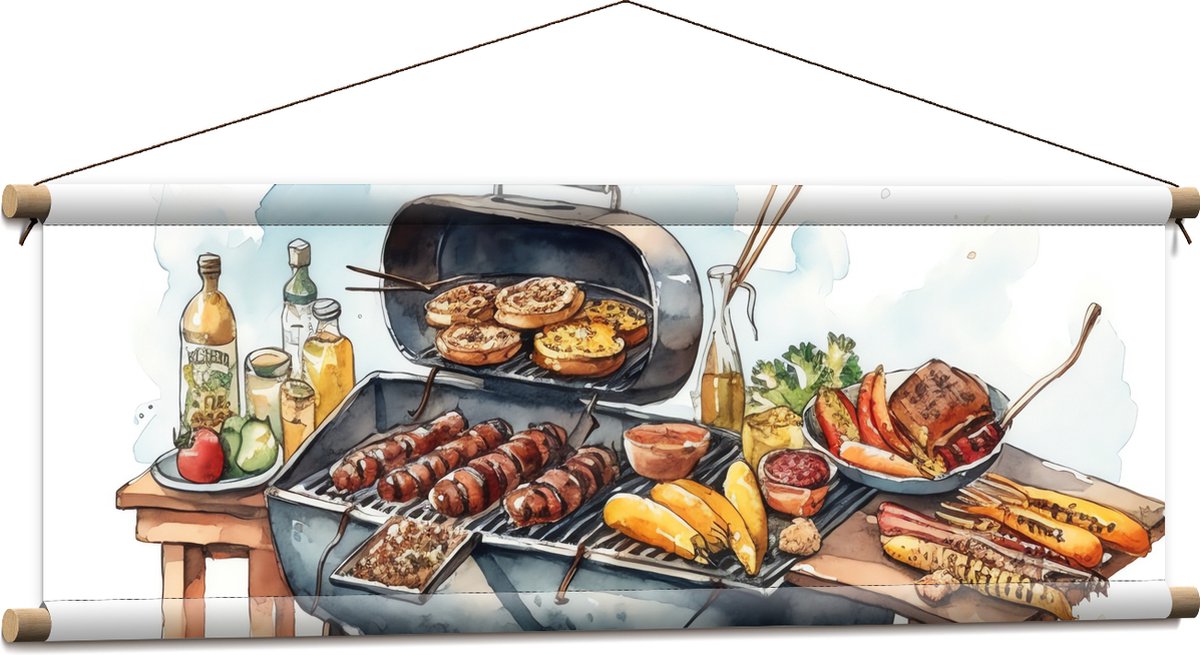 Textielposter - Tekening met Barbecue met Eten - 90x30 cm Foto op Textiel