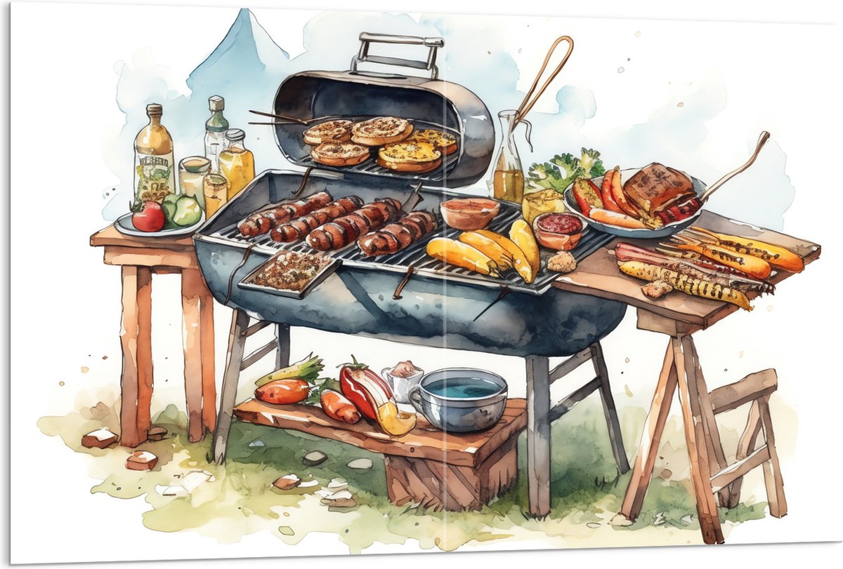 Acrylglas - Tekening met Barbecue met Eten - 120x80 cm Foto op Acrylglas (Met Ophangsystee