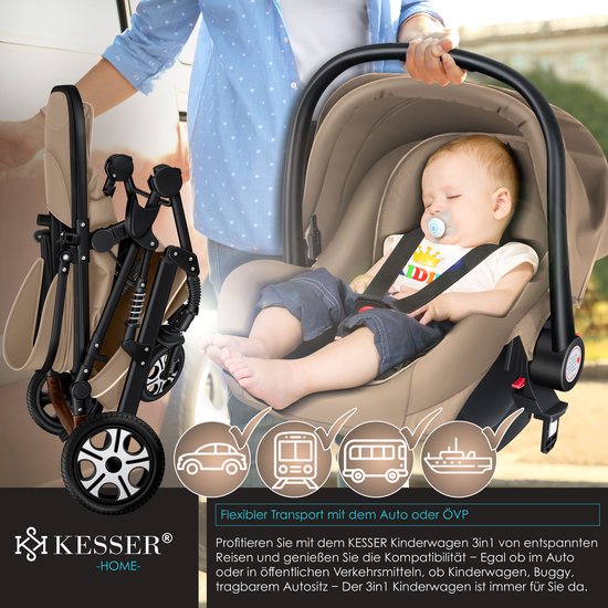 KESSER® Kinderwagen 3 in 1 Loops Wandelwagen Set incl. Autostoel & Reiswieg & Buggy Sportzitje - Massieve Rubberbanden - Luiertas / Regenhoes - Beige / Zwart van KESSER® — afbeelding 4