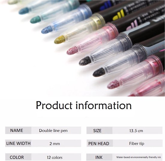 Rainbecom - Marqueurs à Paillettes - 12 Couleurs Marqueurs de Contour Métalliques - Marqueurs à Paillettes Marqueurs de Couleur Stylos à Paillettes - Épaisseur de Ligne 2mm