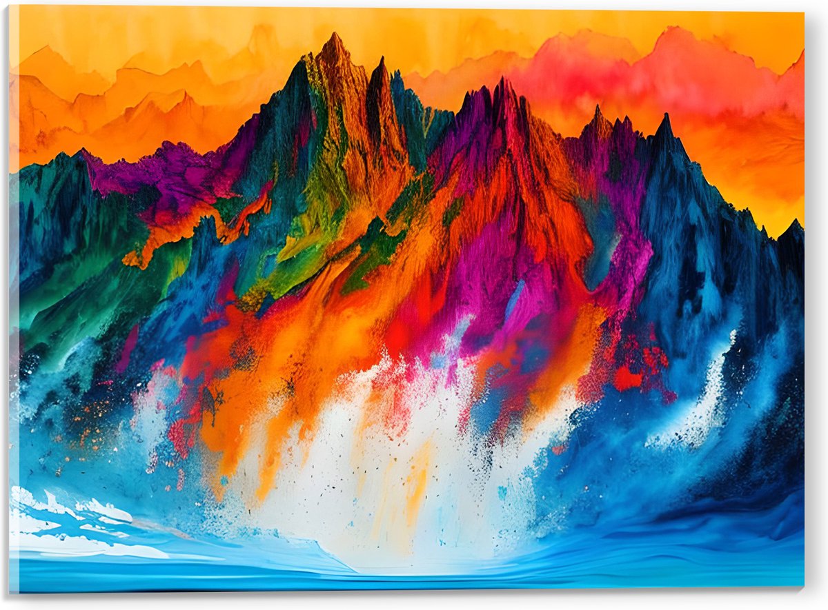 Acrylglas - Waterverf Tekening van Kleurrijke Bergen onder Oranje Lucht - 40x30 cm Foto op Acrylglas (Met Ophangsysteem)