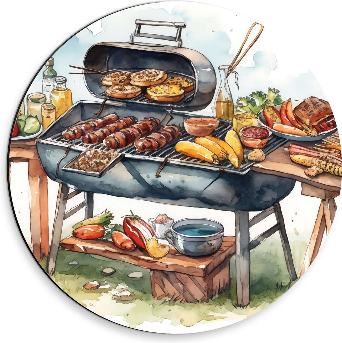Dibond Muurcirkel - Tekening met Barbecue met Eten - 30x30 cm Foto op Aluminium Muurcirkel