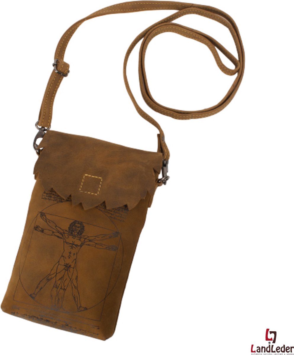 Landleder - Schouder / Crossbody / Telefoontas - ”Vintage Anatomy” - "Da Vinci" Print - Vintage Bruin - Mini - afmeting : 11 x 5 x 22 cm.