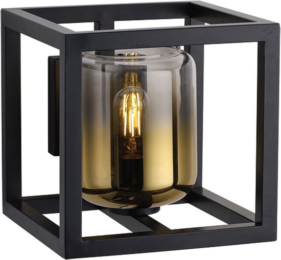 Moderne glazen wandlamp Dentro | goud / zwart / transparant | glas / metaal | Ø 15 cm | 25 x 25 cm | woonkamer lamp / slaapkamer lamp / hal en overloop lamp | modern design | snoer met handschakelaar