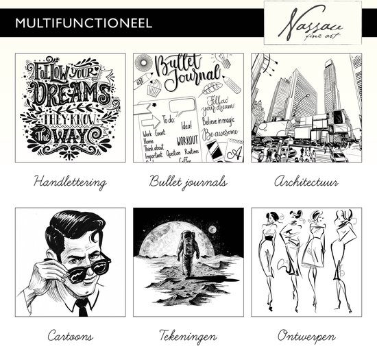 Collage d'illustrations : handlettering, bullet journal, architecture, cartoons, dessins, designs, réalisés avec des stylos Nassau Fine Art.