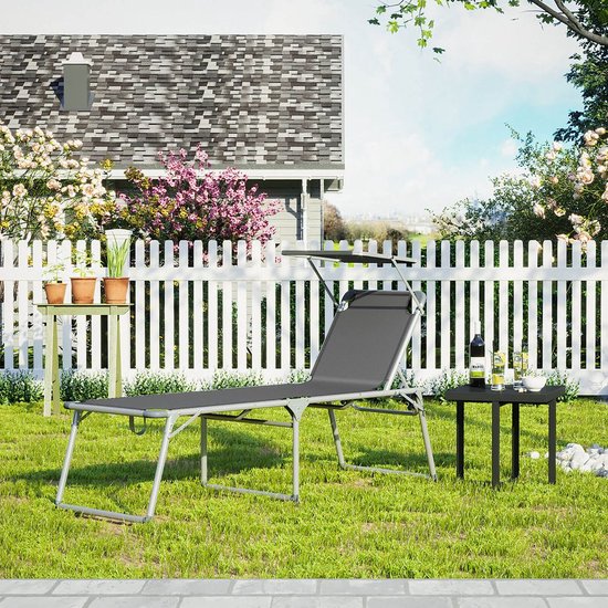 Rootz ligstoel - ligstoel met zonnekap - buitenligstoel - terrasligstoel - tuinligstoel - zonnebank - strandligstoel - draagbare ligstoel - grijs - 65 x 200 x 48 cm (L x B x H)