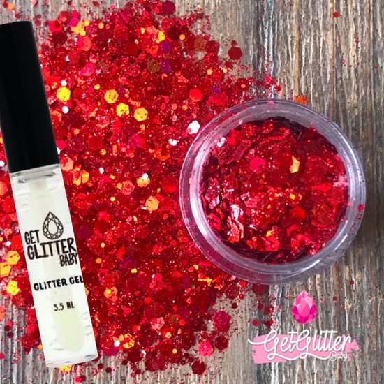 Flesje glittergel met de tekst 'GET GLITTER BABY' naast een potje rode chunky glitters.