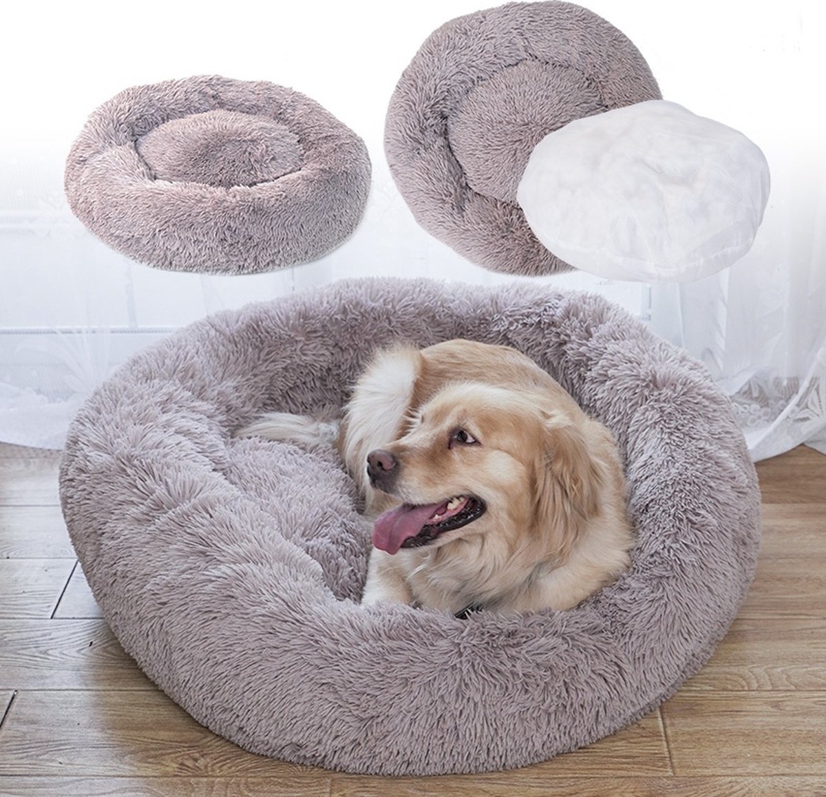 Bol.com Hondenmand met Rits - 80cm - Hondenbed - Donut Dog Bed - Fluffy - Beige/grijs - Wasbaar aanbieding