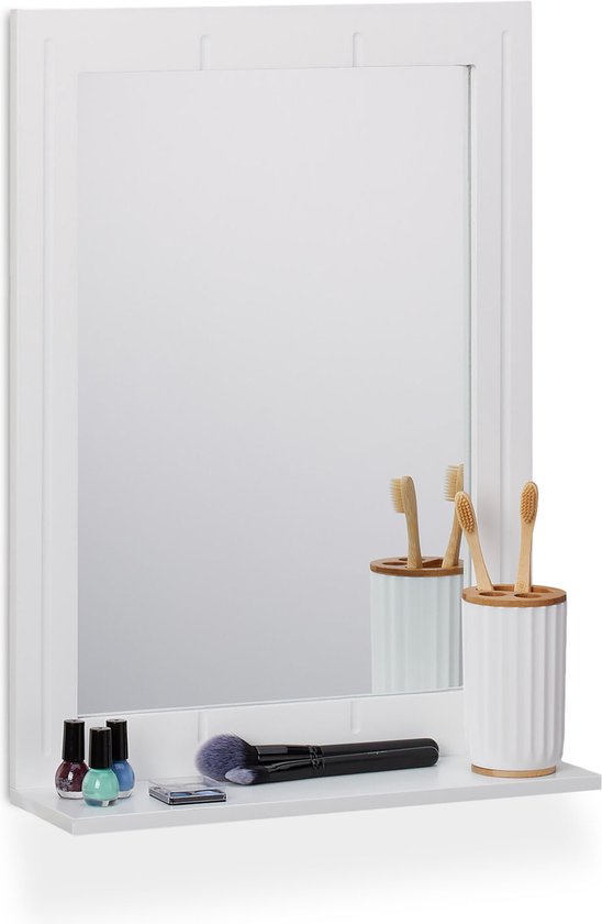 Relaxdays badkamerspiegel met plankje - wit - 55 x 40 - rechthoekige spiegel - met lijst