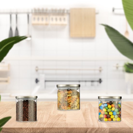 Relaxdays voorraadpot met rvs deksel, set van 4, glazen opbergpot voor meel, rijst, pasta, 750 ml, transparant/zilver