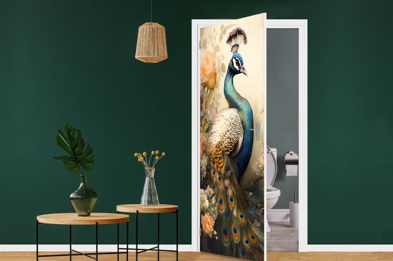 Sticker porte Paon - Plumes de paon - Fleurs - Vogels - Botanique - 80x205 cm - Poster porte