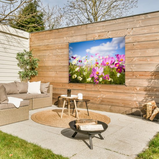 Tuinposter 120x80 cm - Tuindecoratie Bloemen - Wei - Paars - Gras - Wit - Wolken - Blauw - Poster voor in de tuin - Buiten decoratie - Schutting tuinschilderij - Tuindoek muurdecoratie - Wanddecoratie balkondoek