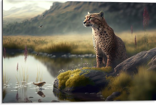 Dibond - Cheetah op Rots langs Rivier door Natuurgebied - 75x50 cm Foto op Aluminium (Met Ophangsysteem)