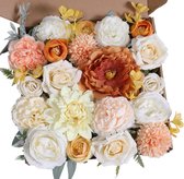 Kunstbloemkoppen, rozen, pioenrozen, dahlia's, bloemhoofden, zijden bloemen, kunstbloemen voor feest, doe-het-zelf bruid, bruiloft, bloemstukken, combo decoratie (warm oranje)