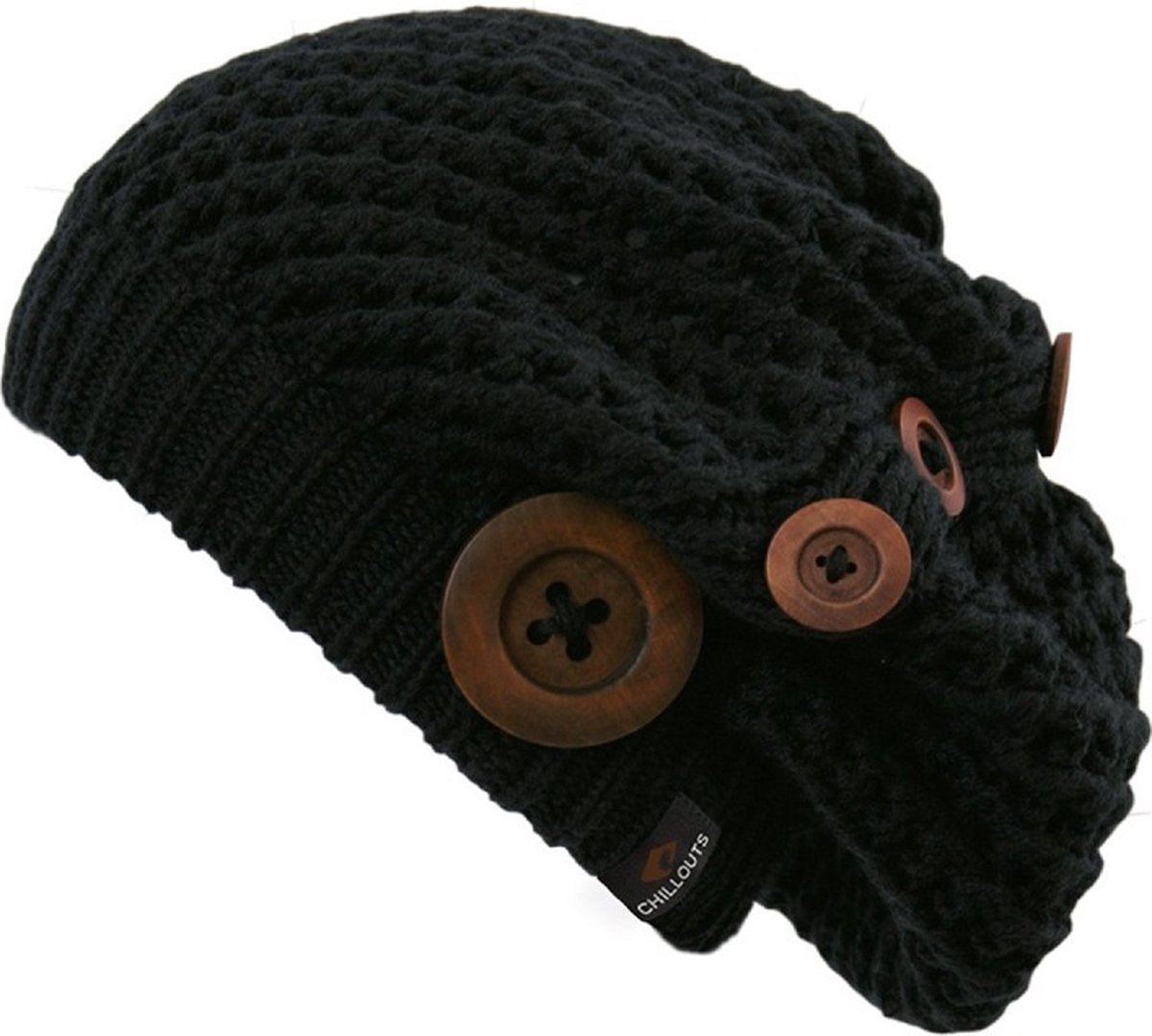 Chillouts beanie muts Nelly met houten knopen black in one size