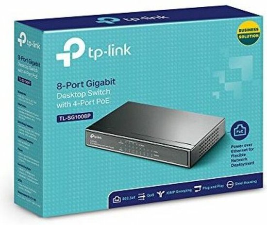 Verpakking van de TP-Link TL-SG1008P 8-poorts Gigabit desktop switch met 4-PoE poorten.