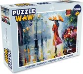 Puzzel Olieverf - Paraplu - Vrouw - Straat - Kunst - Legpuzzel - Puzzel 1000 stukjes volwassenen