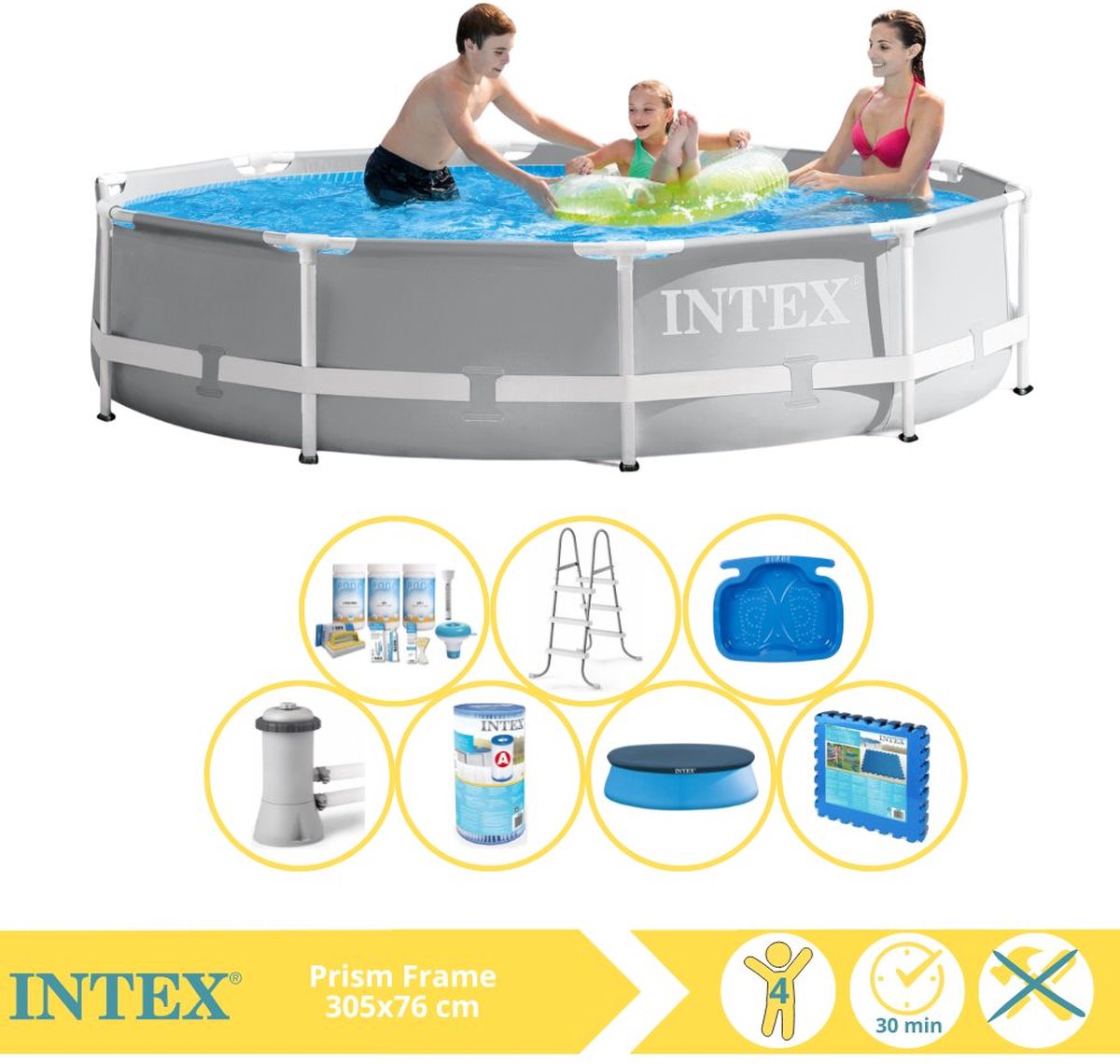 Intex Prism Frame Zwembad – Opzetzwembad – 305×76 cm – Inclusief Onderhoudspakket, Filter, Trap, Voetenbad en Zwembadtegels