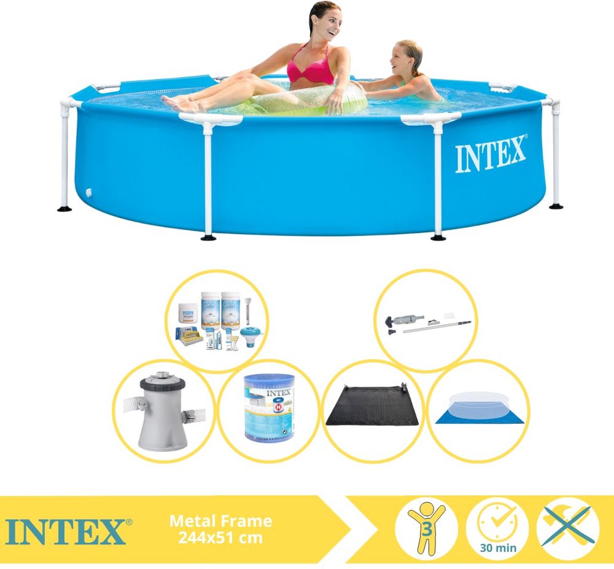 Intex Rond Frame Zwembad – 244 x 51 cm – Blauw – Inclusief Onderhoudspakket – Zwembadfilterpomp – Filter – Grondzeil – Stofzuiger – Solar Mat – 7-delig