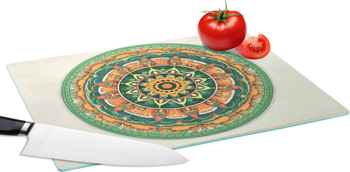 Glazen Snijplank - 39x28 - Hippie - Mandala - Groen - Boho - Bloemen - Snijplanken Glas