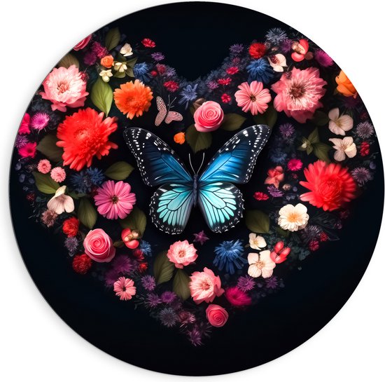 Dibond Muurcirkel - Hart van Blauwe Vlinder en Verschillende Bloemen op Zwarte Achtergrond - 90x90 cm Foto op Aluminium Muurcirkel (met ophangsysteem)