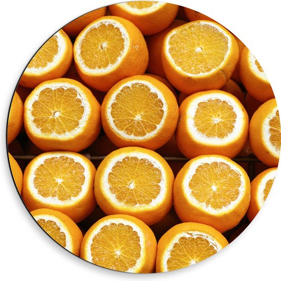 Dibond Muurcirkel - Opengesneden Sinaasappelen - 50x50 cm Foto op Aluminium Muurcirkel (met ophangsysteem)