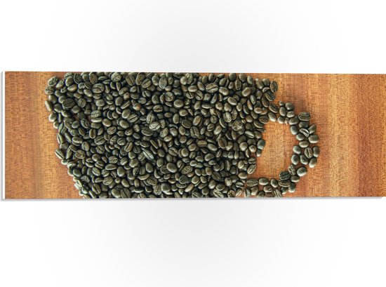 PVC Schuimplaat - Hoopje Koffiebonen in de Vorm van Kop Koffie - 60x20 cm Foto op PVC Schuimplaat (Met Ophangsysteem)