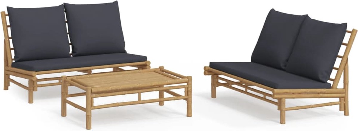 vidaXL 3-delige - Loungeset - met - kussens - bamboe - donkergrijs