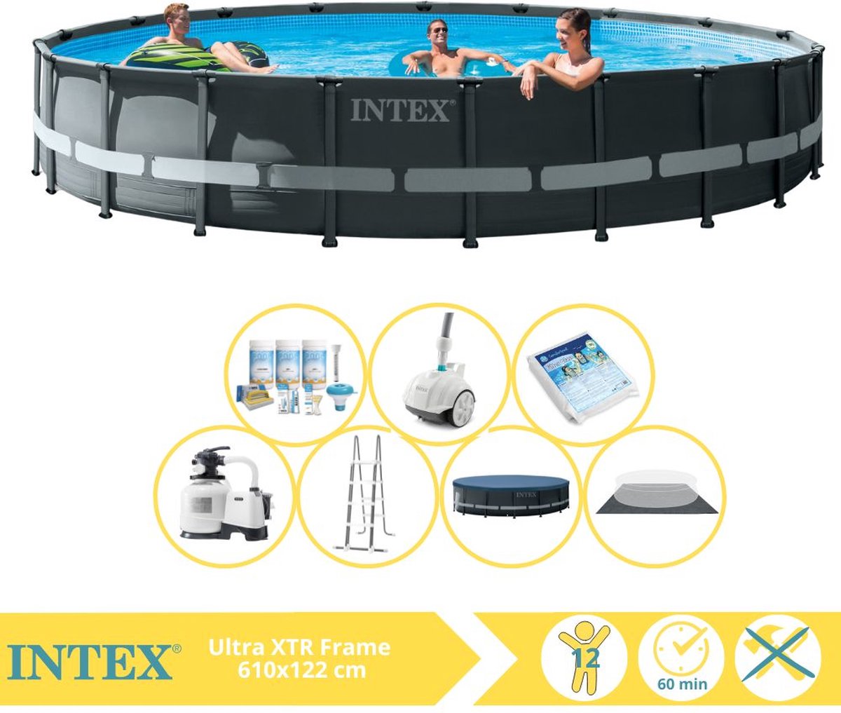 Intex Ultra XTR Frame Zwembad - Opzetzwembad - 732x132 cm - Inclusief Onderhoudspakket, Glasparels en Luxe Zwembad Stofzuiger