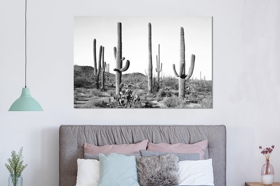 Wanddecoratie Metaal - Aluminium Schilderij Industrieel - Cactussen - Zwart wit - Natuur - Landschap - 150x100 cm - Dibond - Foto op aluminium - Industriële muurdecoratie - Voor de woonkamer/slaapkamer