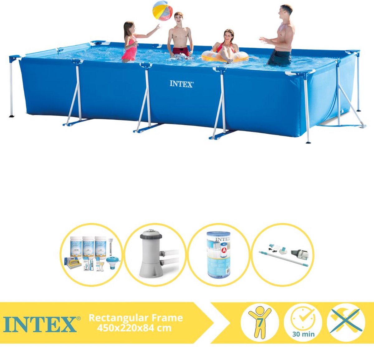 Intex Rectangular Frame Zwembad - Opzetzwembad - 450x220x84 cm - Inclusief Onderhoudspakket, Zwembadpomp, Filter en Stofzuiger