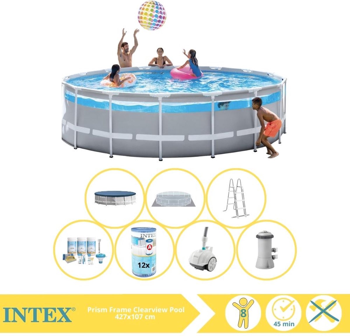 Intex Prism Frame Zwembad - Opzetzwembad - 427x107 cm - Inclusief Onderhoudspakket, Filter en Zwembad Stofzuiger